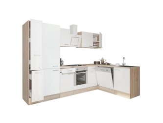 Yorki 310 sarok konyhabútor sonoma tölgy korpusz,selyemfényű fehér front alsó sütős elemmel polcos szekrénnyel