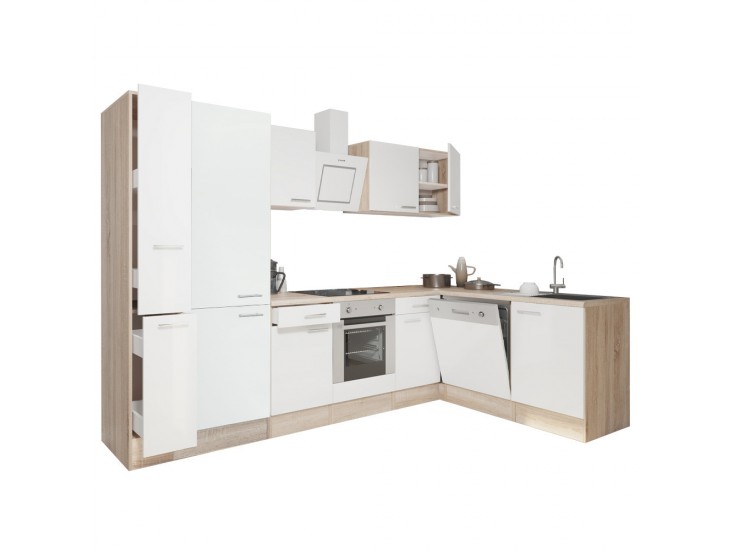 Yorki 310 sarok konyhabútor sonoma tölgy korpusz,selyemfényű fehér front alsó sütős elemmel polcos szekrénnyel