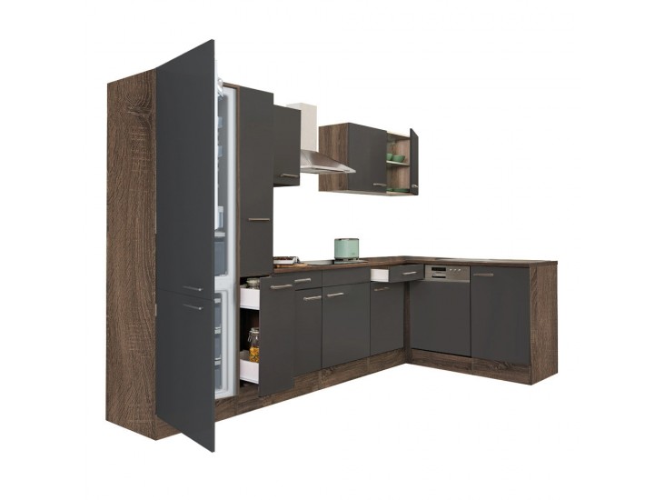 Yorki 310 sarok konyhabútor yorki tölgy korpusz,selyemfényű antracit fronttal alulagyasztós hűtős szekrénnyel