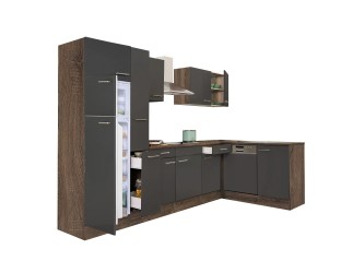 Yorki 310 sarok konyhabútor yorki tölgy korpusz,selyemfényű antracit fronttal felülfagyasztós hűtős szekrénnyel