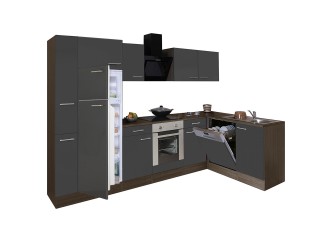 Yorki 310sarok konyhabútor yorki tölgy korpusz,selyemfényű antracit front alsó sütős elemmel felülfagyasztós hűtős szekrénnyel