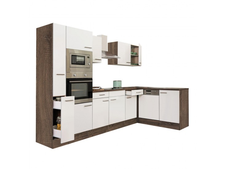 Yorki 310 sarok konyhabútor yorki tölgy korpusz,selyemfényű fehér fronttal