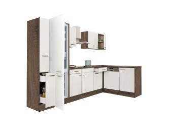 Yorki 310 sarok konyhabútor yorki tölgy korpusz,selyemfényű fehér fronttal alulagyasztós hűtős szekrénnyel