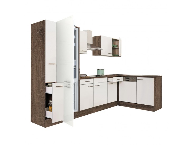 Yorki 310 sarok konyhabútor yorki tölgy korpusz,selyemfényű fehér fronttal alulagyasztós hűtős szekrénnyel