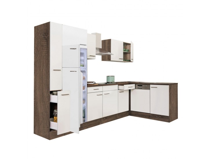 Yorki 310 sarok konyhabútor yorki tölgy korpusz,selyemfényű fehér fronttal felülfagyasztós hűtős szekrénnyel