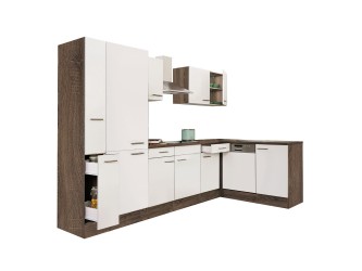 Yorki 310 sarok konyhabútor yorki tölgy korpusz,selyemfényű fehér fronttal polcos szekrénnyel