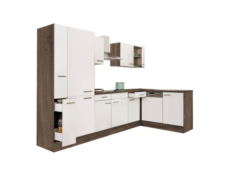 Yorki 310 sarok konyhabútor yorki tölgy korpusz,selyemfényű fehér fronttal polcos szekrénnyel