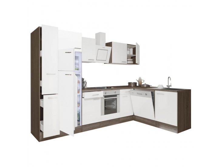 Yorki 310sarok konyhabútor yorki tölgy korpusz,selyemfényű fehér front alsó sütős elemmel felülfagyasztós hűtős szekrénnyel