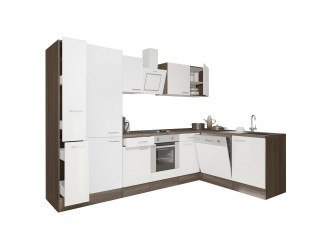 Yorki 310 sarok konyhabútor yorki tölgy korpusz,selyemfényű fehér front alsó sütős elemmel polcos szekrénnyel