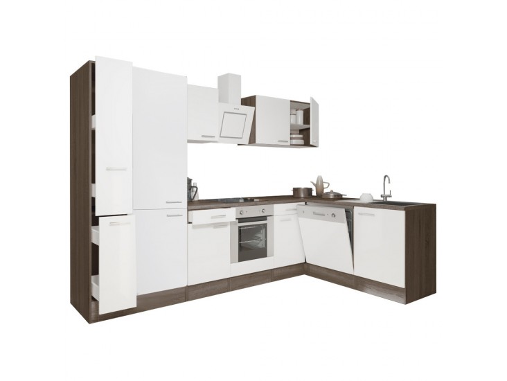 Yorki 310 sarok konyhabútor yorki tölgy korpusz,selyemfényű fehér front alsó sütős elemmel polcos szekrénnyel