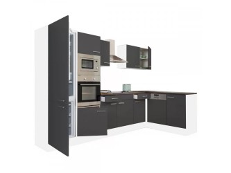 Yorki 340 sarok konyhabútor fehér korpusz,selyemfényű antracit fronttal alulagyasztós hűtős szekrénnyel