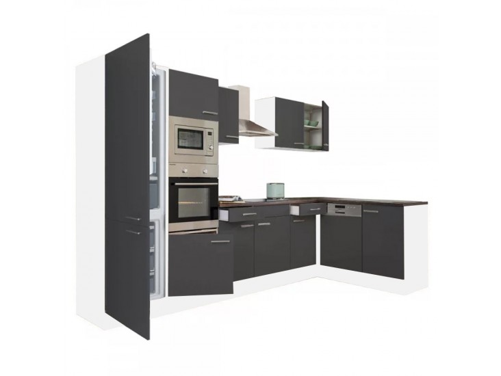 Yorki 340 sarok konyhabútor fehér korpusz,selyemfényű antracit fronttal alulagyasztós hűtős szekrénnyel