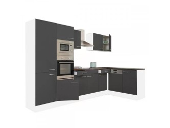 Yorki 340 sarok konyhabútor fehér korpusz,selyemfényű antracit fronttal polcos szekrénnyel