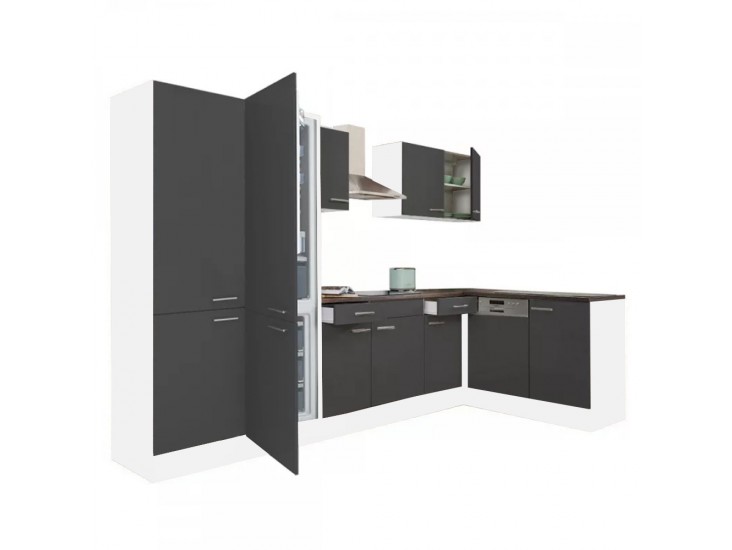 Yorki 340 sarok konyhabútor fehér korpusz,selyemfényű antracit fronttal polcos szekrénnyel és alulfagyasztós hűtős szekrénnyel