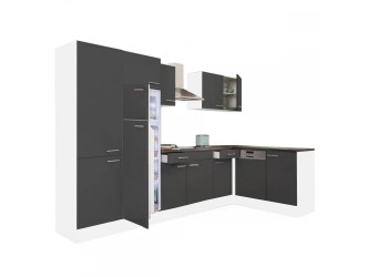 Yorki 340 sarok konyhabútor fehér korpusz,selyemfényű antracit fronttal polcos szekrénnyel és felülfagyasztós hűtős szekrénnyel