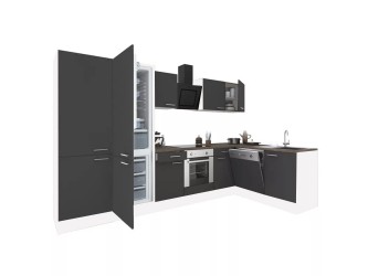 Yorki 340 sarok konyhabútor fehér korpusz,selyemfényű antracit front alsó sütős elemmel polcos szekrénnyel, alulfagyasztós hűtős szekrénnyel