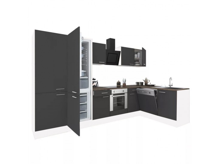 Yorki 340 sarok konyhabútor fehér korpusz,selyemfényű antracit front alsó sütős elemmel polcos szekrénnyel, alulfagyasztós hűtős szekrénnyel