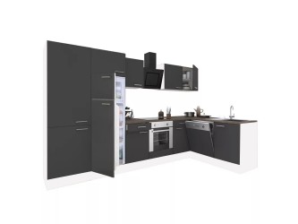 Yorki 340 sarok konyhabútor fehér korpusz,selyemfényű antracit front alsó sütős elemmel polcos szekrénnyel, felülfagyasztós hűtős szekrénnyel