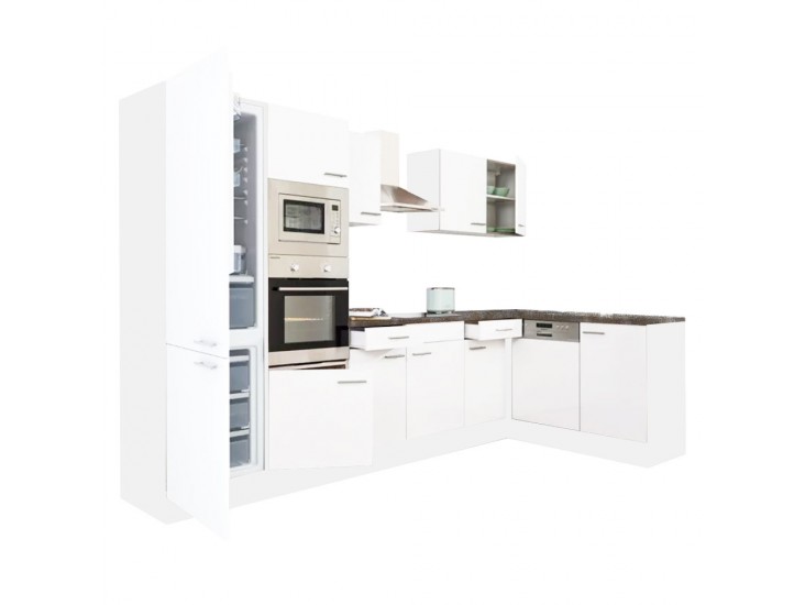 Yorki 340 sarok konyhabútor fehér korpusz,selyemfényű fehér fronttal alulagyasztós hűtős szekrénnyel