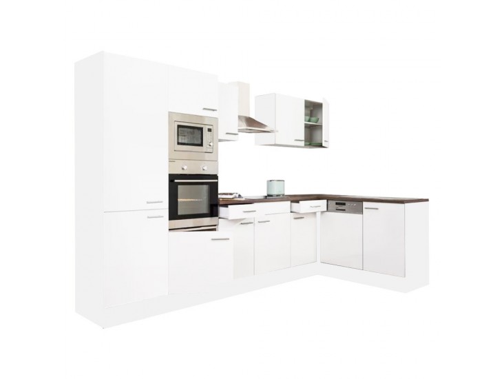 Yorki 340 sarok konyhabútor fehér korpusz,selyemfényű fehér fronttal polcos szekrénnyel