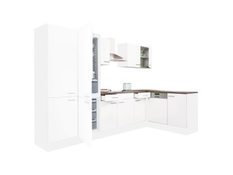 Yorki 340 sarok konyhabútor fehér korpusz,selyemfényű fehér fronttal polcos szekrénnyel és alulfagyasztós hűtős szekrénnyel