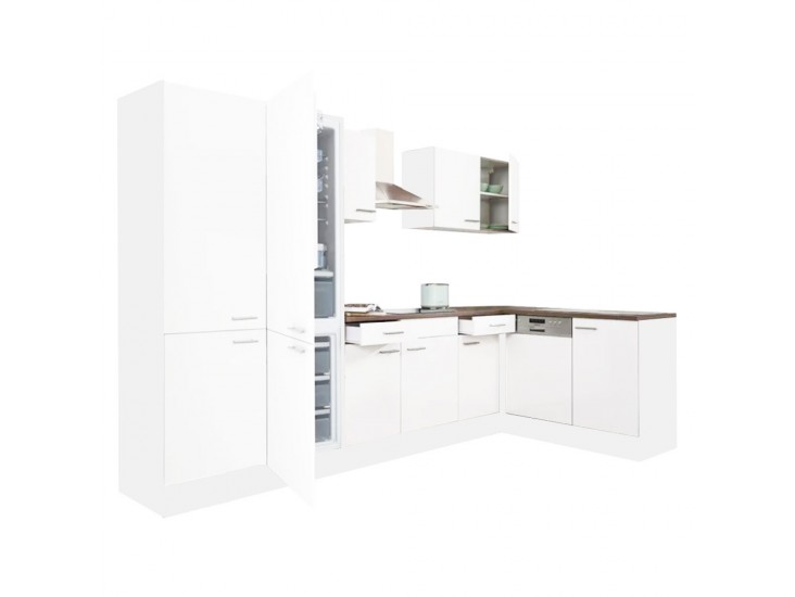 Yorki 340 sarok konyhabútor fehér korpusz,selyemfényű fehér fronttal polcos szekrénnyel és alulfagyasztós hűtős szekrénnyel