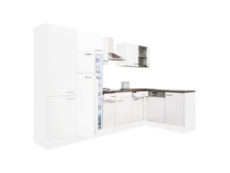 Yorki 340 sarok konyhabútor fehér korpusz,selyemfényű fehér fronttal polcos szekrénnyel és felülfagyasztós hűtős szekrénnyel