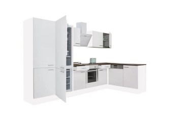 Yorki 340 sarok konyhabútor fehér korpusz,selyemfényű fehér front alsó sütős elemmel polcos szekrénnyel, alulfagyasztós hűtős szekrénnyel