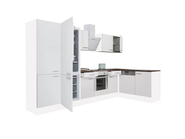 Yorki 340 sarok konyhabútor fehér korpusz,selyemfényű fehér front alsó sütős elemmel polcos szekrénnyel, alulfagyasztós hűtős szekrénnyel