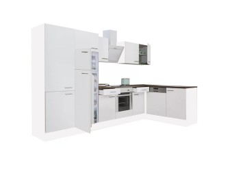 Yorki 340 sarok konyhabútor fehér korpusz,selyemfényű fehér front alsó sütős elemmel polcos szekrénnyel, felülfagyasztós hűtős szekrénnyel