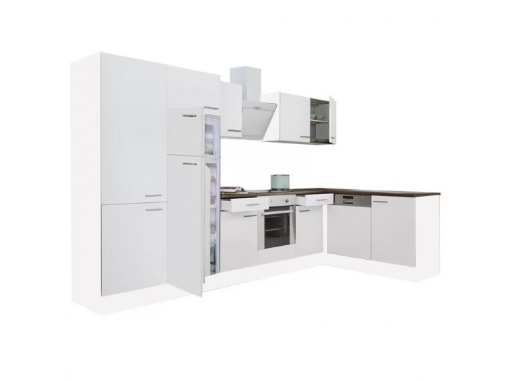 Yorki 340 sarok konyhabútor fehér korpusz,selyemfényű fehér front alsó sütős elemmel polcos szekrénnyel, felülfagyasztós hűtős szekrénnyel