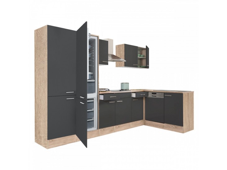 Yorki 340 sarok konyhabútor sonoma tölgy korpusz,selyemfényű antracit fronttal polcos szekrénnyel és alulfagyasztós hűtős szekrénnyel