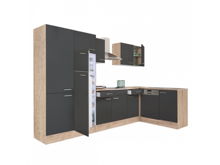 Yorki 340 sarok konyhabútor sonoma tölgy korpusz,selyemfényű antracit fronttal polcos szekrénnyel és felülfagyasztós hűtős szekrénnyel