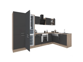 Yorki 340 sarok konyhabútor sonoma tölgy korpusz,selyemfényű antracit front alsó sütős elemmel polcos szekrénnyel, alulfagyasztós hűtős szekrénnyel