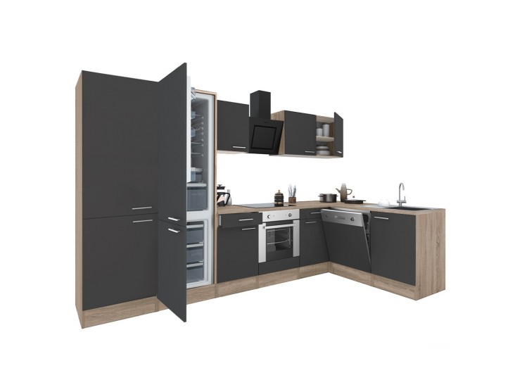 Yorki 340 sarok konyhabútor sonoma tölgy korpusz,selyemfényű antracit front alsó sütős elemmel polcos szekrénnyel, alulfagyasztós hűtős szekrénnyel