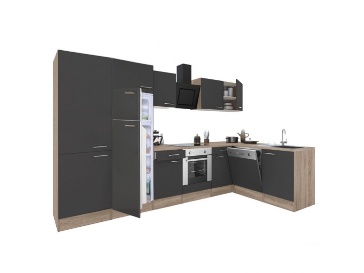 Yorki 340 sarok konyhabútor sonoma tölgy korpusz,selyemfényű antracit front alsó sütős elemmel polcos szekrénnyel, felülfagyasztós hűtős szekrénnyel