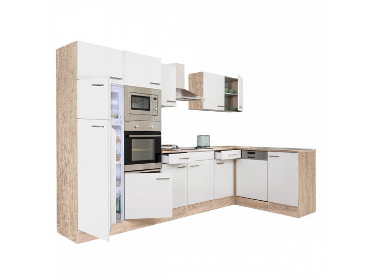 Yorki 340 sarok konyhabútor sonoma tölgy korpusz,selyemfényű fehér fronttal