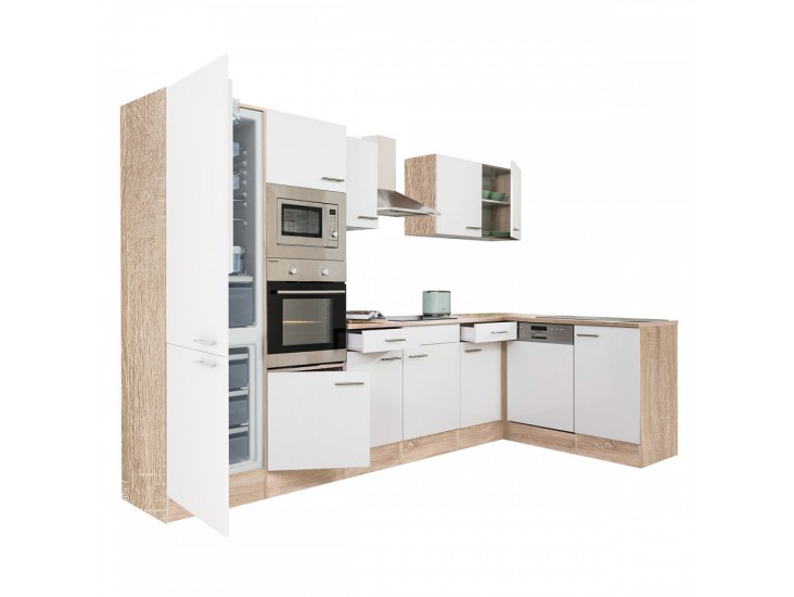 Yorki 340 sarok konyhabútor sonoma tölgy korpusz,selyemfényű fehér fronttal alulagyasztós hűtős szekrénnyel