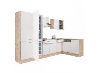 Yorki 340 sarok konyhabútor sonoma tölgy korpusz,selyemfényű fehér fronttal polcos szekrénnyel és alulfagyasztós hűtős szekrénnyel