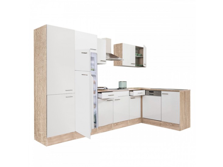 Yorki 340 sarok konyhabútor sonoma tölgy korpusz,selyemfényű fehér fronttal polcos szekrénnyel és felülfagyasztós hűtős szekrénnyel