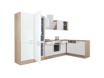 Yorki 340 sarok konyhabútor sonoma tölgy korpusz,selyemfényű fehér front alsó sütős elemmel polcos szekrénnyel, alulfagyasztós hűtős szekrénnyel