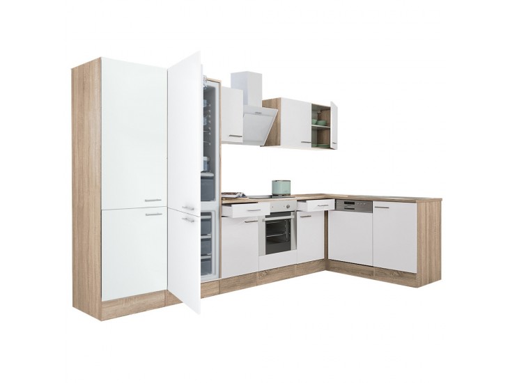 Yorki 340 sarok konyhabútor sonoma tölgy korpusz,selyemfényű fehér front alsó sütős elemmel polcos szekrénnyel, alulfagyasztós hűtős szekrénnyel