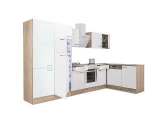 Yorki 340 sarok konyhabútor sonoma tölgy korpusz,selyemfényű fehér front alsó sütős elemmel polcos szekrénnyel, felülfagyasztós hűtős szekrénnyel
