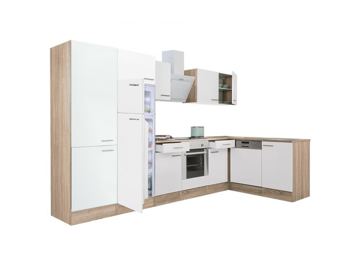 Yorki 340 sarok konyhabútor sonoma tölgy korpusz,selyemfényű fehér front alsó sütős elemmel polcos szekrénnyel, felülfagyasztós hűtős szekrénnyel