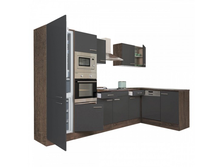 Yorki 340 sarok konyhabútor yorki tölgy korpusz,selyemfényű antracit fronttal alulagyasztós hűtős szekrénnyel