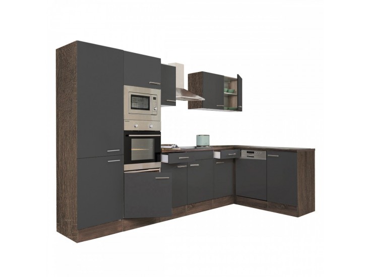 Yorki 340 sarok konyhabútor yorki tölgy korpusz,selyemfényű antracit fronttal polcos szekrénnyel