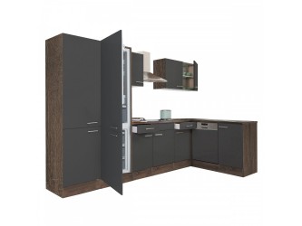 Yorki 340 sarok konyhabútor yorki tölgy korpusz,selyemfényű antracit fronttal polcos szekrénnyel és alulfagyasztós hűtős szekrénnyel