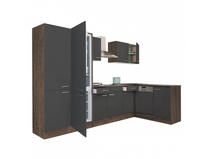 Yorki 340 sarok konyhabútor yorki tölgy korpusz,selyemfényű antracit fronttal polcos szekrénnyel és alulfagyasztós hűtős szekrénnyel