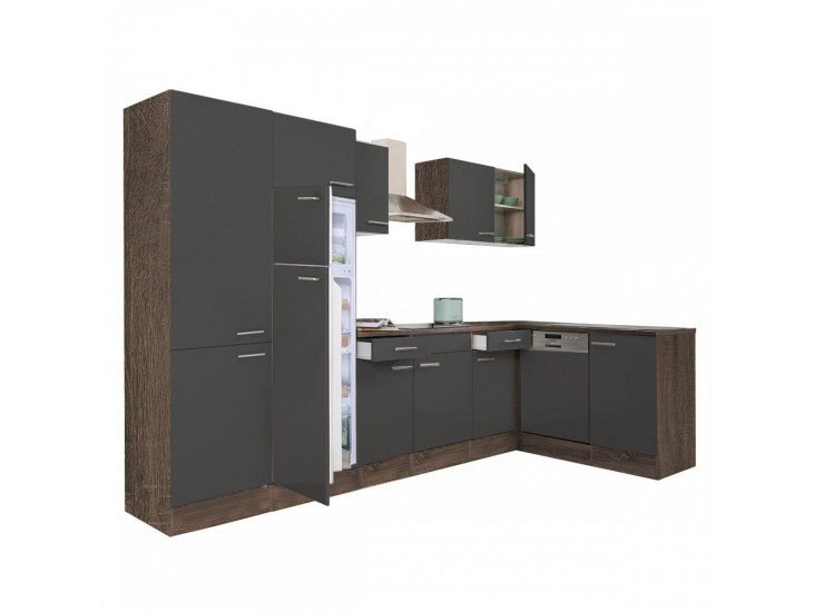 Yorki 340 sarok konyhabútor yorki tölgy korpusz,selyemfényű antracit fronttal polcos szekrénnyel és felülfagyasztós hűtős szekrénnyel