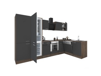 Yorki 340 sarok konyhabútor yorki tölgy korpusz,selyemfényű antracit front alsó sütős elemmel polcos szekrénnyel, alulfagyasztós hűtős szekrénnyel